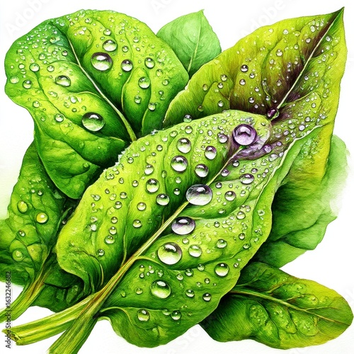 Close up of Fresh Green Spinach Leaves with Water Droplets