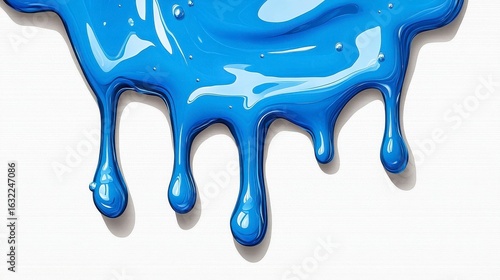 Close Up of Glossy Blue Paint Dripping on White Textured Surface