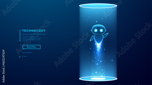 Abstract AI robot takes off bright light portal. Digital cute chatbot character. AI Agent hologram bg. Tech innovation concept. Blue futuristic technology background. Vector illustration.