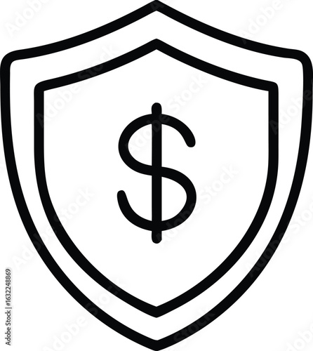 Vector art of shield with dollar sign symbol representing financial security and protection, isolated on white background