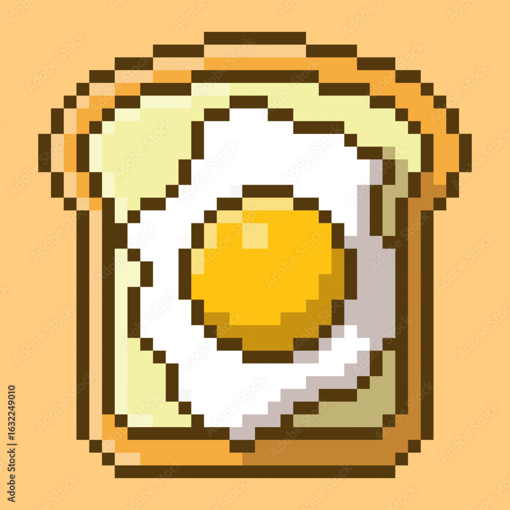 Fototapeta premium A pixel art illustration of a delicious slice of toast topped with a sunny-side-up egg. This breakfast graphic embodies a classic retro aesthetic, provides a nostalgic and playful touch
