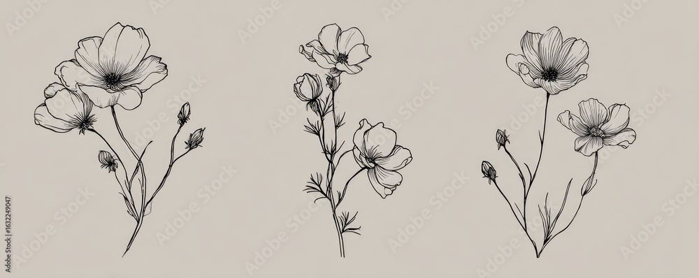 Elegant black and white line art illustrations of three separate cosmos flower arrangements