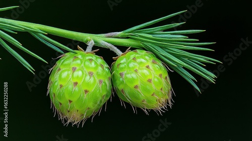 Close Up of Two Green Spiky Fruits on a Branch