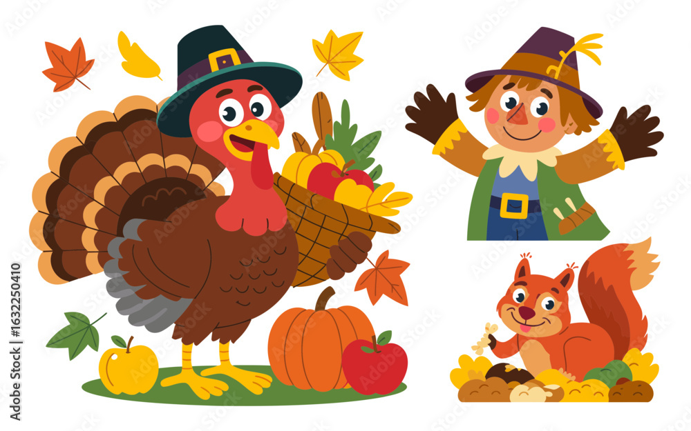 Fototapeta premium Thanksgiving characters and autumn elements turkey scarecrow