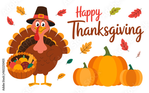 Thanksgiving turkey with pumpkins and autumn leaves pilgrim basket