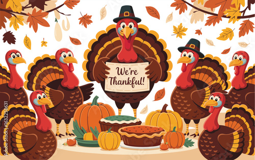 Thanksgiving turkeys with pies and pumpkins autumn