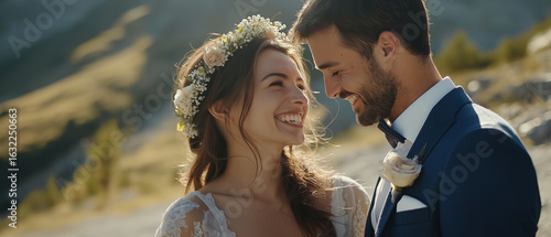 Happy bride and groom laughing together in elegant wedding attire, standing closely in a joyful, romantic moment. Bright, festive atmosphere. AI-generated symbolic wedding scene.