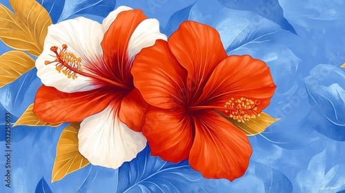 Close Up of Vibrant Red and White Hibiscus Flowers with Golden Leaves on Blue Patterned Background