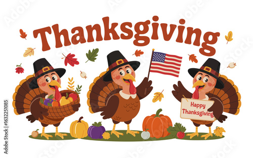 Thanksgiving turkeys with harvest and flag autumn