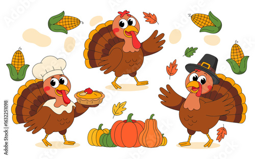 Thanksgiving turkeys and harvest elements corn pumpkin