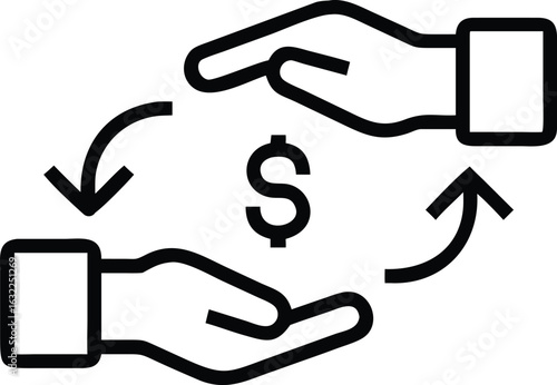 Vector art of money transfer and exchange icon with dollar symbol between two hands and arrows, isolated on white background