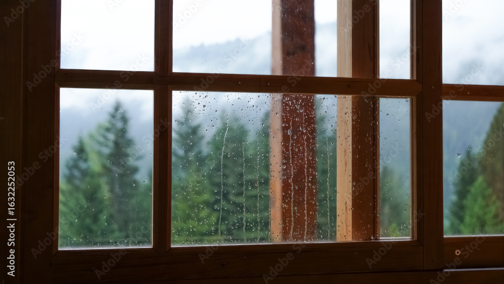 Fototapeta premium Window with rain on it and trees in the background