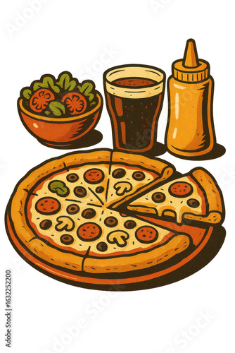 Retro pizza meal illustration with cola, salad, mustard, and pepperoni pizza in vintage cartoon style without background
