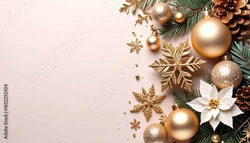 Festive christmas decorations holiday atmosphere image of ornaments and snowflakes elegant golden theme close-up view celebratory concept