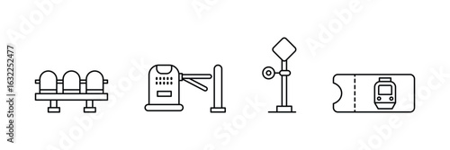 Railway station waiting area icon vector illustration with seat barrier signal pass ticket travel transit entry outline symbol design.