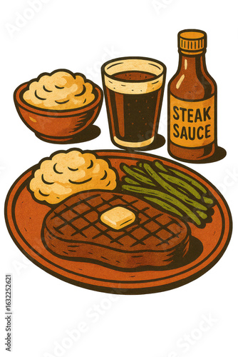 Retro steak dinner illustration with mashed potatoes, green beans, cola and steak sauce in vintage cartoon style without background

