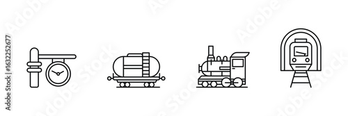 Train transport tunnel outline icon vector illustration with clock tanker locomotive engine railway vehicle travel infrastructure commute cargo freight.
