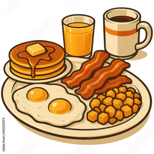 Retro American breakfast illustration with eggs, bacon, pancakes, hash browns, orange juice, and coffee in vintage cartoon style without background
