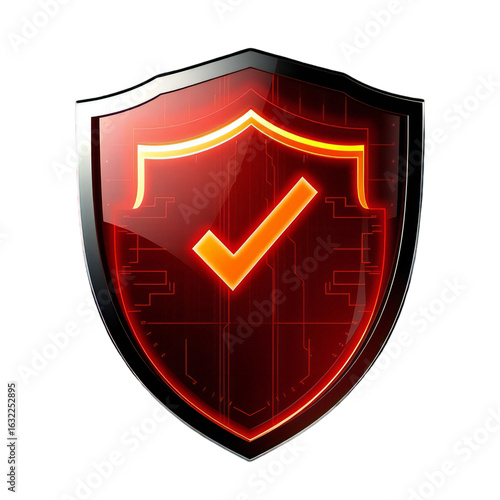 A glowing red shield with a checkmark represents digital security and protection against cyber threats and unauthorized access isolated on transparent background