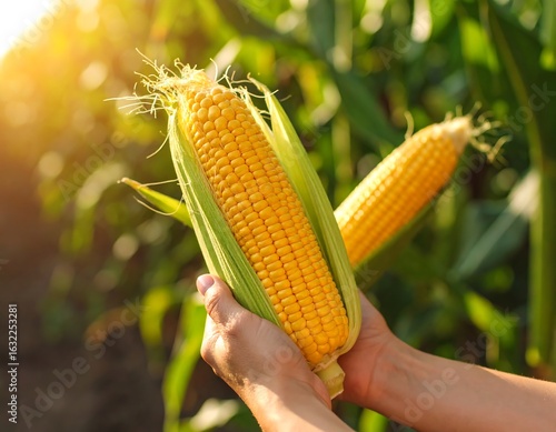Fresh corn on the cob held in hands
