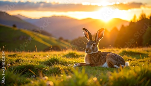 Fototapeta Naklejka Na Ścianę i Meble -  European hare resting on a golden meadow bathed in the warm glow of sunrise