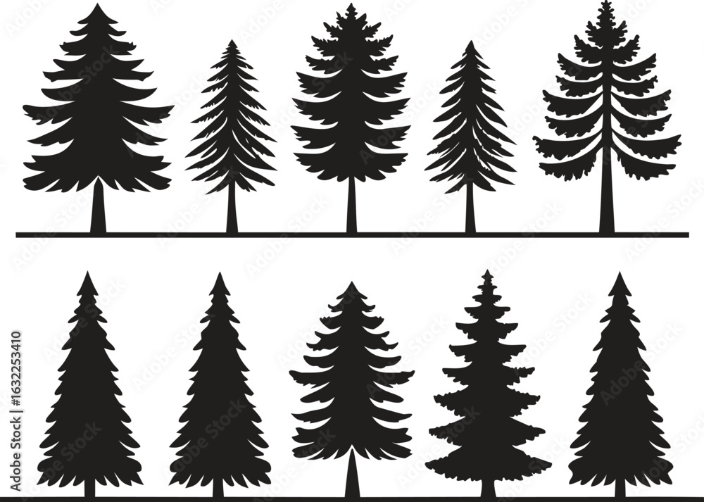 Obraz premium Black Silhouette Pine Fir Trees Forest Landscape Elements white background