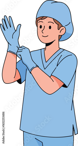 A friendly cartoon surgeon in blue scrubs and a cap carefully puts on disposable medical gloves.