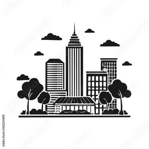 Cityscape monochrome illustration features highrise buildings, clouds, trees, and park graphic design element