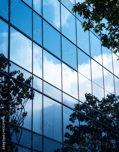 Contrast of glass building facade with reflected tree branches