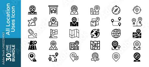 Set of location and map icons for navigation, travel, and finding places, isolated on white background