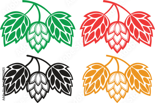 Four colorful stylized hop cone clusters with leaves hops hop cones