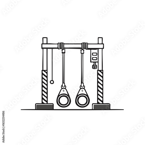 Black and white line art illustration of gymnastic rings for fitness and strength training