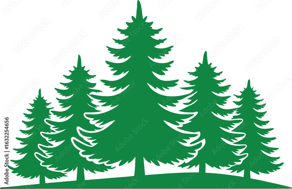 Obraz premium Group of Green Silhouette Pine Trees on a White Background evergreen nature