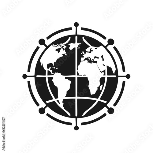 Stylized world map globe with compass points for global connection and navigation