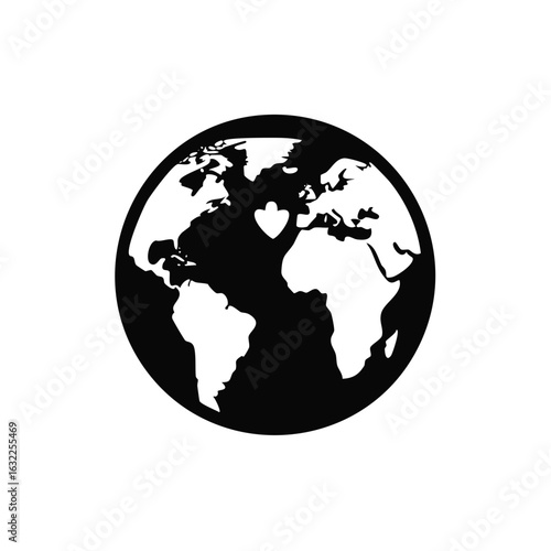 Earth globe map with a heart symbol over oceans depicting global love and unity