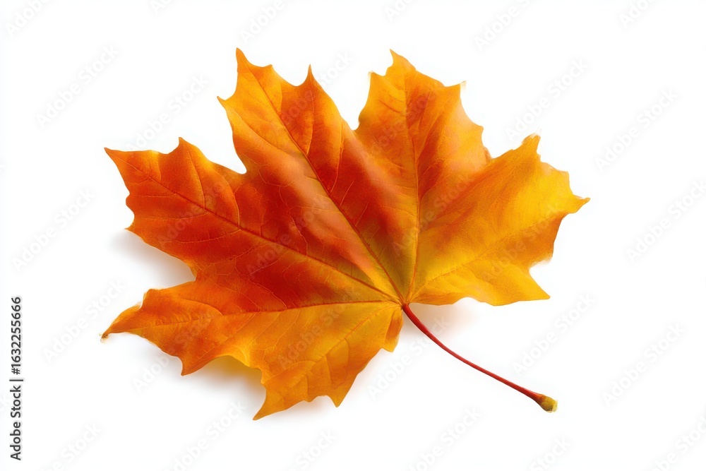 Fototapeta premium Vibrant orange and yellow maple leaf with red stem isolated on white background