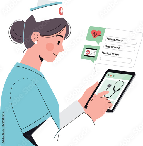 A nurse in a blue uniform manages a patient's digital medical records on a tablet computer.