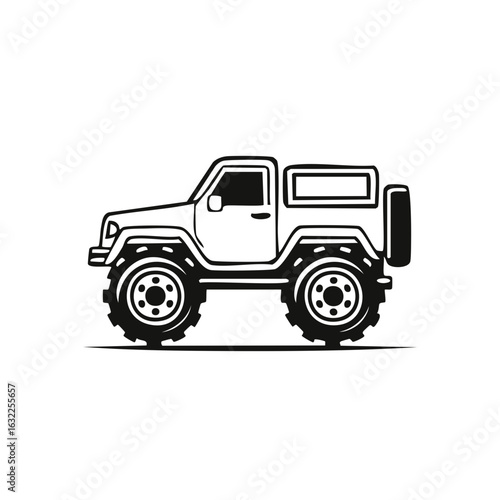 Rugged off road 4x4 vehicle with large tires black and white vector illustration