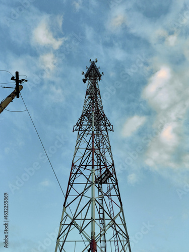 View of antenna for radio signal against light