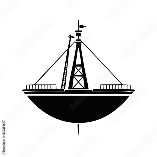 Black Silhouette of Fishing Trawler Boat, Marine Vessel Icon