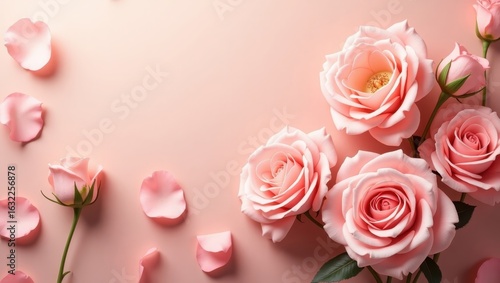 Delicate pink roses and petals arranged on a pastel background.