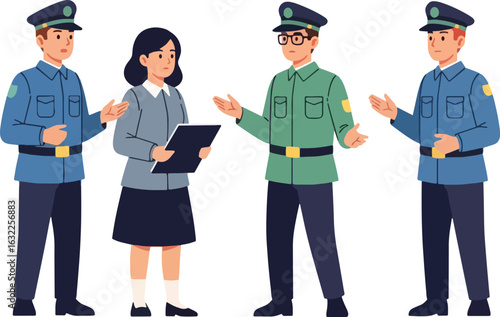 A team of uniformed security guards, one in a green jacket, talking with a woman holding a clipboard.