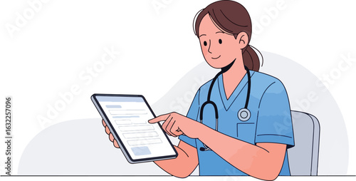 A female doctor in blue scrubs with a stethoscope uses a digital tablet to review patient information.