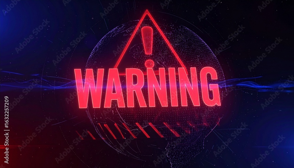 Naklejka premium Futuristic 3D warning hologram projected in space with glowing scan lines, deep violet-blue color tones and high-tech digital sci-fi environment.