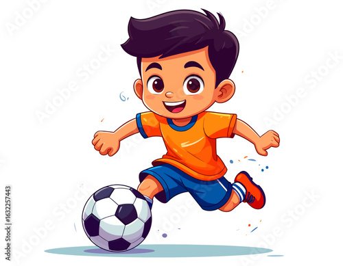 An energetic cartoon boy with playful energy joyfully running and kicking a soccer ball. This vibrant illustration captures the fun of youth sports.