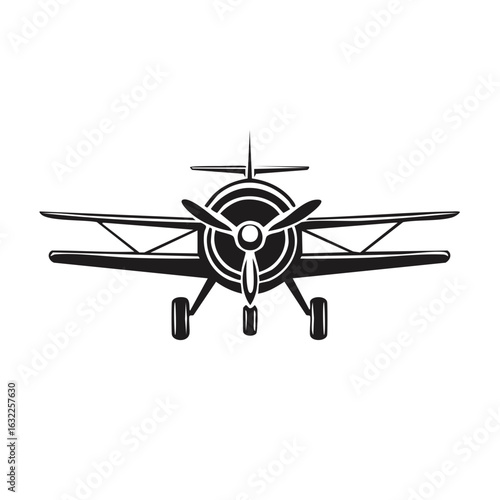 Vintage propeller biplane aircraft front view, retro airplane vector icon illustration