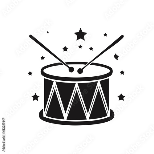 Black and white drum illustration with star symbols and drumsticks