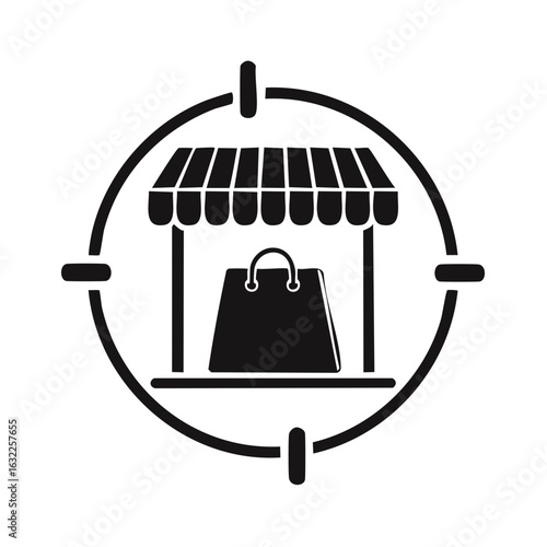 Retail storefront with shopping bag in target crosshairs illustration