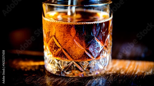 Glass of whiskey with ice cubes and warm light