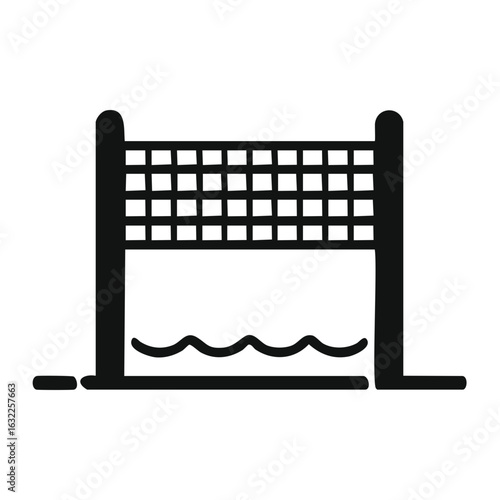 Minimalist black icon of a water polo goal net over water for pool sports.